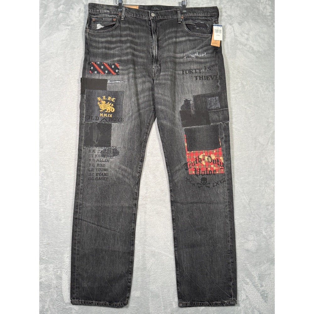 Ralph Lauren Jeans Mens 42x36 42T Black‎ Denim Varick Graffiti Patchwork Skull